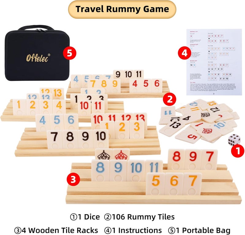 Offelec Upgraded Rummy Cube Game Set & 4 Wooden Racks, 106 Large Number Rummy Tiles and Portable Case, Classic Rummy Games for 2-4 Players, Travel & Family Board Game for Adults, Kids & Parties, Great Gifts - Image 3